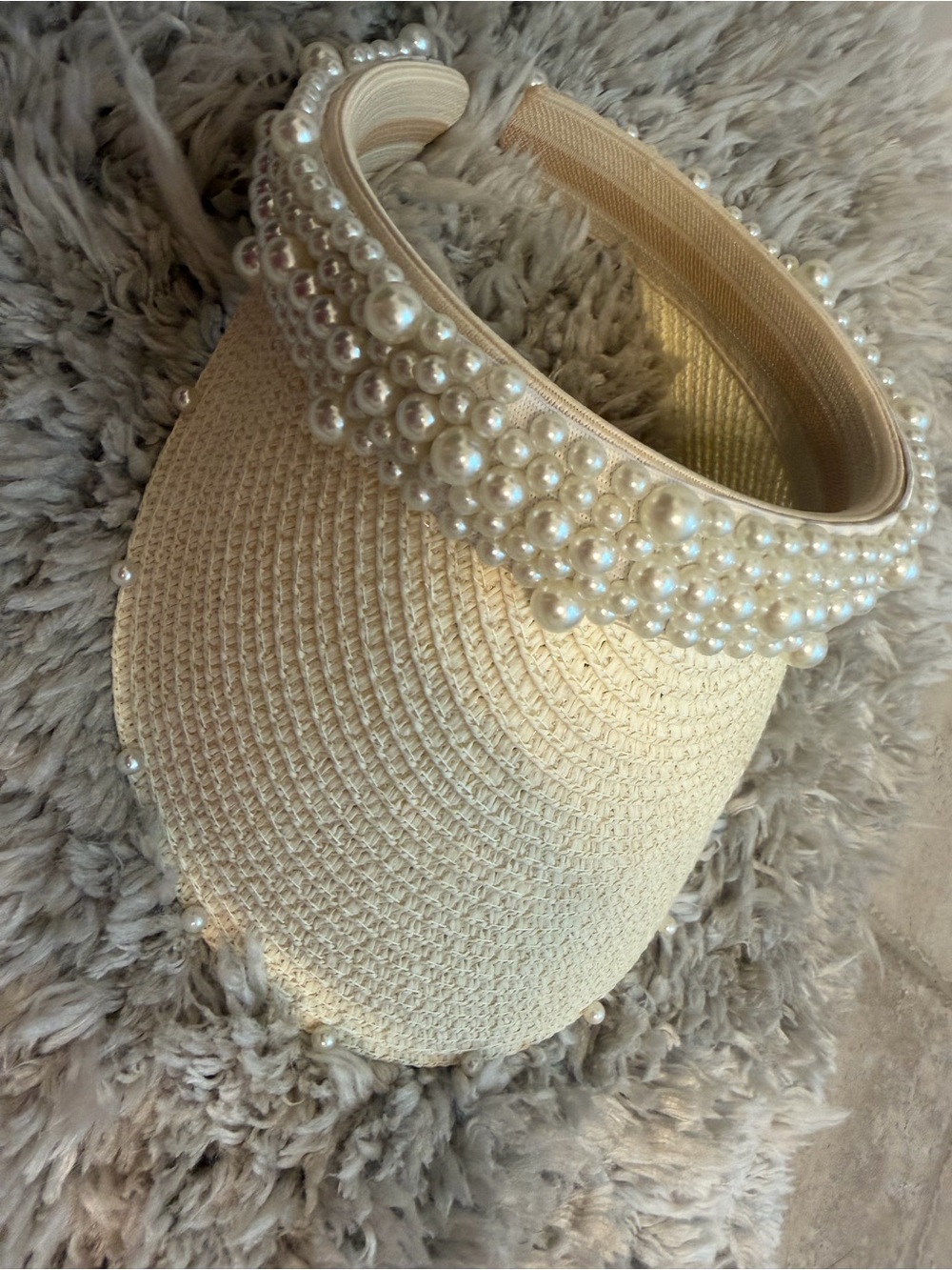 High quality Pearl-Embellished Straw Visor Hat - Cream